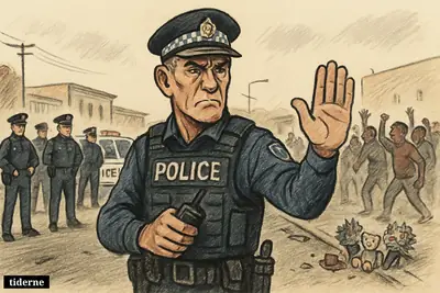 Caricature of police chief Martin Dole leading officers during unrest on an Alice Springs street, with a crowd and a small memorial behind him.