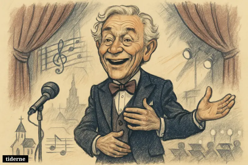 Caricature of Allan Mortensen onstage, smiling mid-performance, surrounded by theater, music, and subtle references to his long Danish entertainment career.