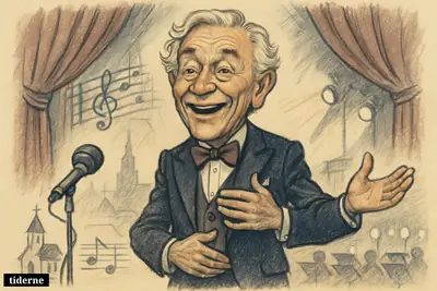 Caricature of Allan Mortensen onstage, smiling mid-performance, surrounded by theater, music, and subtle references to his long Danish entertainment career.