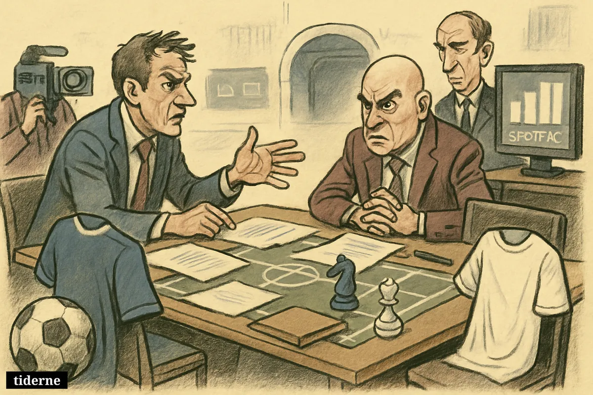 A football transfer room with contracts, an empty white jersey chair, a guarded blue jersey, chess pieces, and sports media equipment. (AI-genereret illustration)