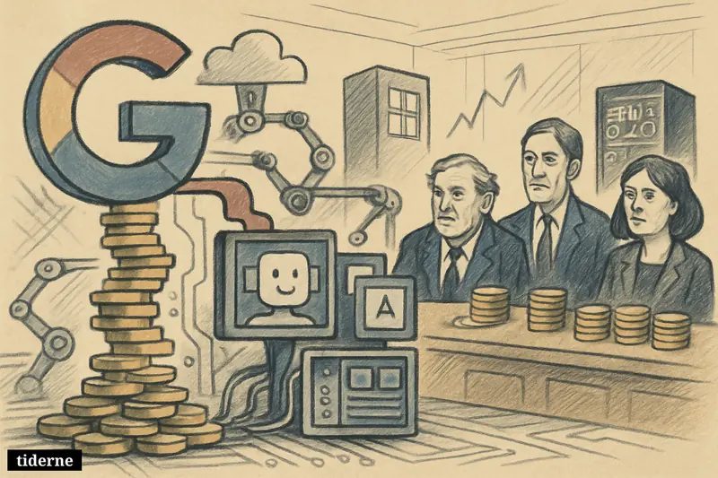 A caricature boardroom scene shows Google-backed funding flowing in stages toward Anthropic, with rival tech and investor symbols surrounding an AI race.