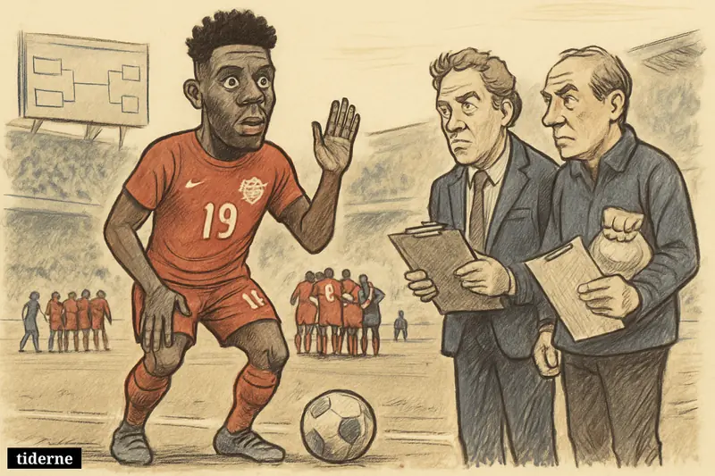 Caricature of Alphonso Davies on a soccer touchline, signaling readiness while staff monitor him before Canada’s tense knockout match against South Africa.