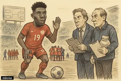 Caricature of Alphonso Davies on a soccer touchline, signaling readiness while staff monitor him before Canada’s tense knockout match against South Africa.