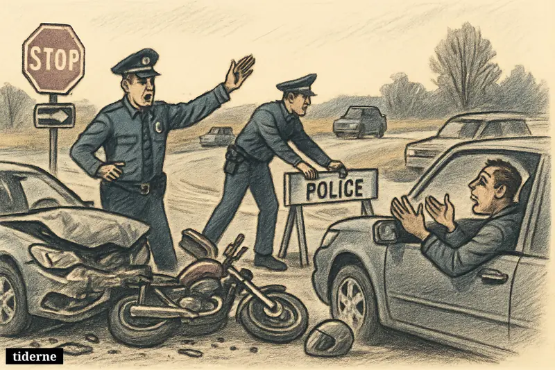 Caricature of a blocked rural intersection with crashed car, fallen motorcycle, police officers redirecting traffic, and stopped vehicles. (AI-genereret illustration)