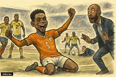 Amad Diallo celebrates a dramatic late goal as Ivory Coast teammates rush in and Ecuador players react in frustration near the goal.