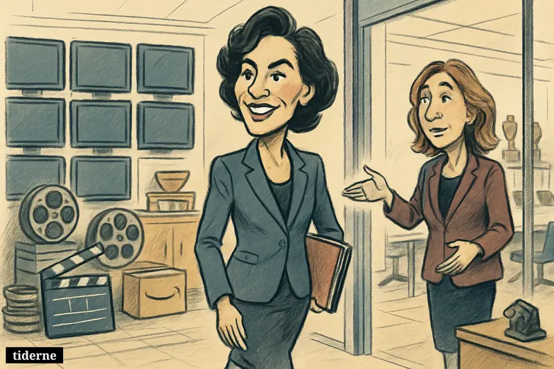 Pia Barlow enters a studio marketing office as Sue Kroll welcomes her, surrounded by TV, film, streaming, and awards props. (AI-genereret illustration)