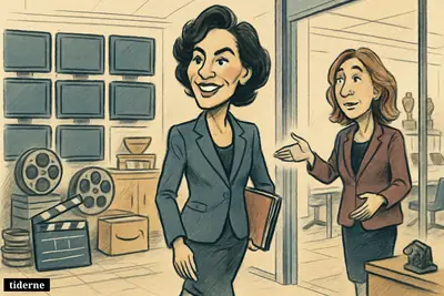 Pia Barlow enters a studio marketing office as Sue Kroll welcomes her, surrounded by TV, film, streaming, and awards props. (AI-genereret illustration)
