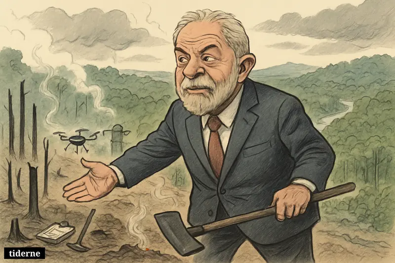 Caricature of Lula da Silva lowering a fire tool at the Amazon’s edge as burned ground gives way to recovering rainforest. (AI-genereret illustration)
