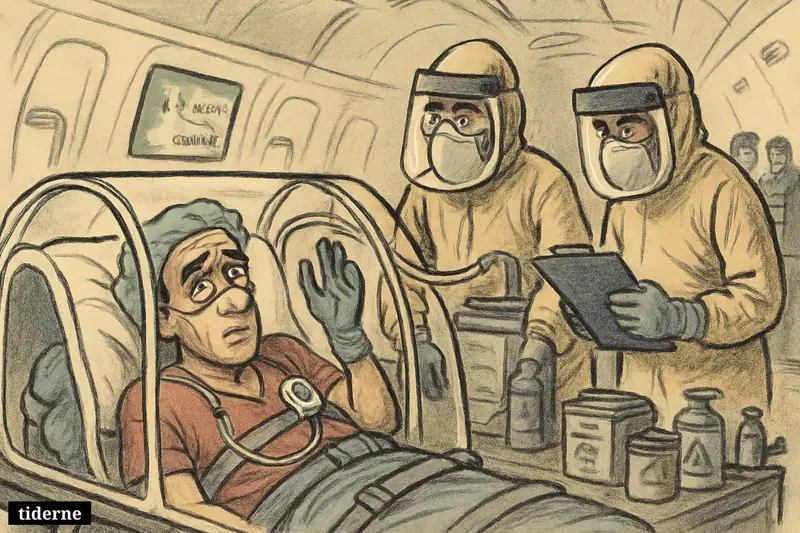An infected American doctor in an isolation pod is evacuated by protective-suited medical staff inside a quarantine aircraft.
