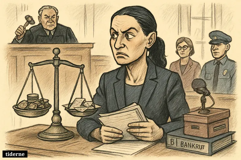 Amira Smajic stands tensely in a courtroom beside scales, coins, and legal papers as a judge raises a gavel behind her.