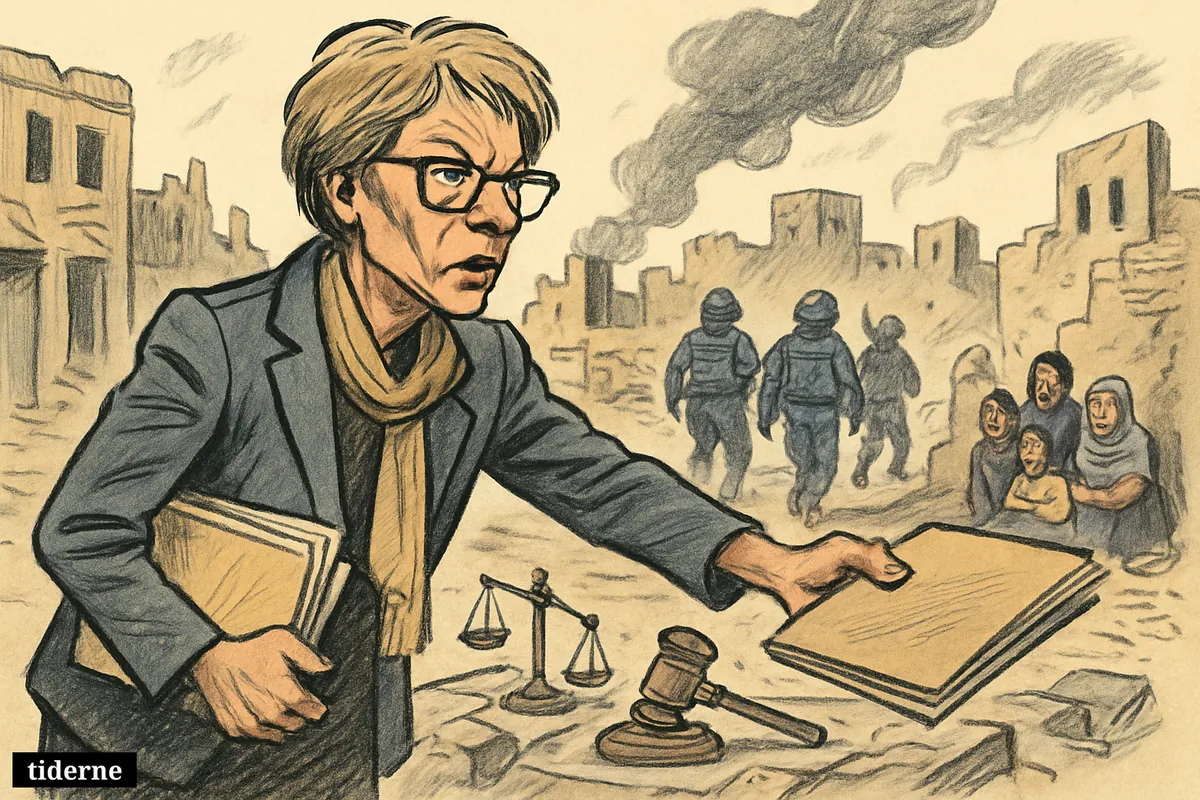Agnès Callamard stands accusingly with evidence papers as civilians flee and armed figures move through the ruins of el-Fasher.