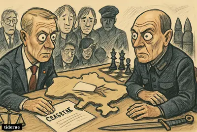 Two diplomats in a tense peace standoff stare without blinking across a table shaped around Ukraine, with Europe, war symbols, and ceasefire props behind them.