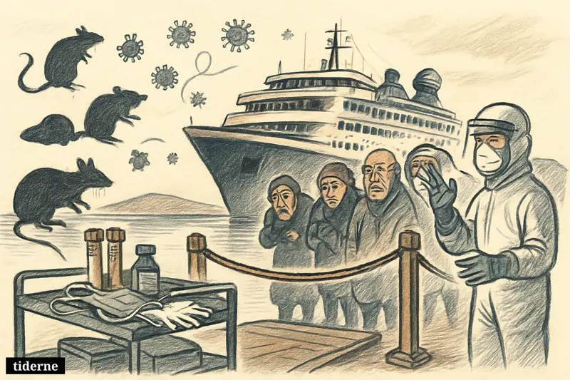 An expedition ship near harbor with separated passengers, a medic, quarantine barriers, and virus symbols suggesting Andes-virus transmission risk.