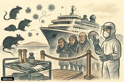 An expedition ship near harbor with separated passengers, a medic, quarantine barriers, and virus symbols suggesting Andes-virus transmission risk.