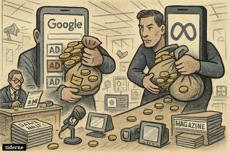 Two oversized digital platform caricature figures pull most advertising money toward themselves while smaller Danish media outlets are left nearly empty.
