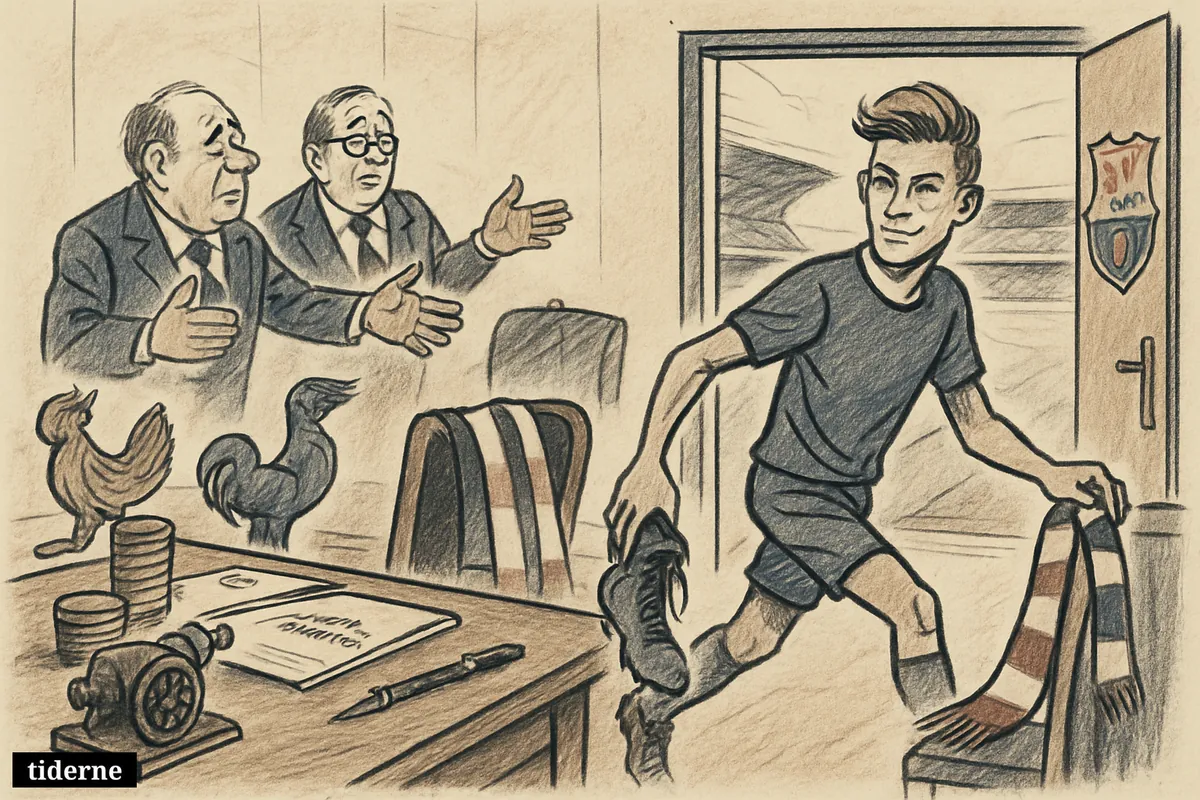 A football transfer caricature shows a young winger leaving a negotiation room toward Barcelona as rival clubs abandon the bidding.