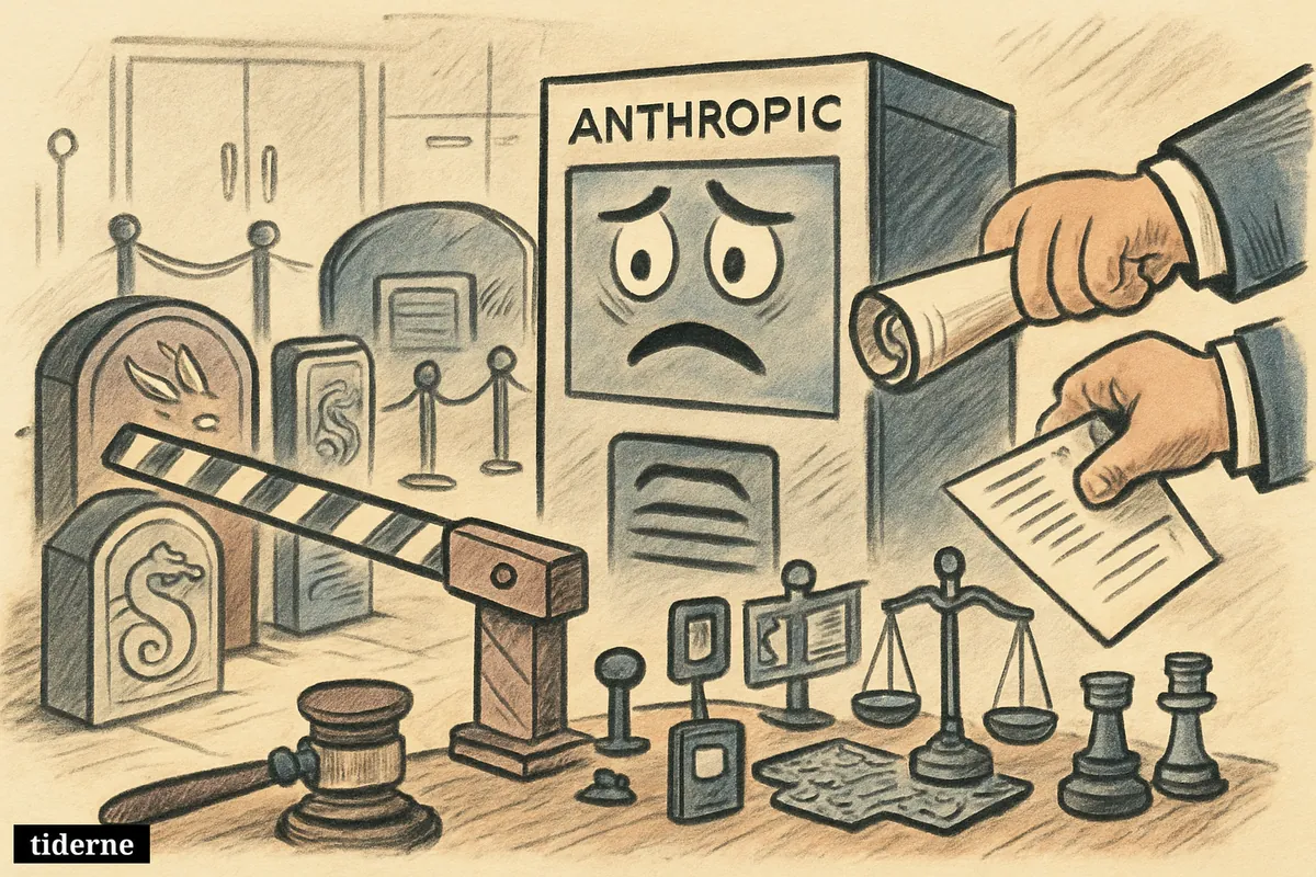 An Anthropic-themed AI control room shows model vaults being sealed off under government order, with blocked access badges and regulatory symbols.