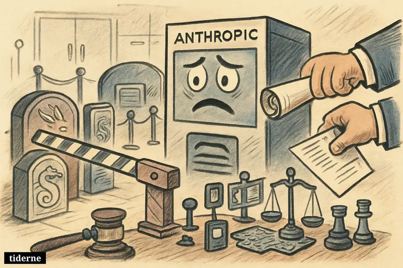 An Anthropic-themed AI control room shows model vaults being sealed off under government order, with blocked access badges and regulatory symbols.