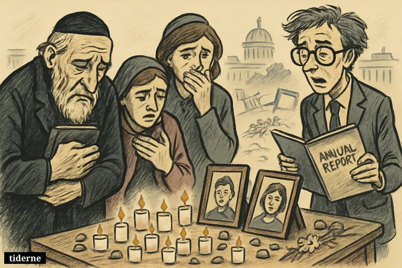 Grieving Jewish mourners stand by a candle memorial as a researcher presents a report, with subtle signs of violence and politics behind them.