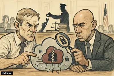 Jim Jordan and Brian Mast examine an Apple-shaped cloud with a broken lock during a tense congressional hearing about encryption and British pressure.