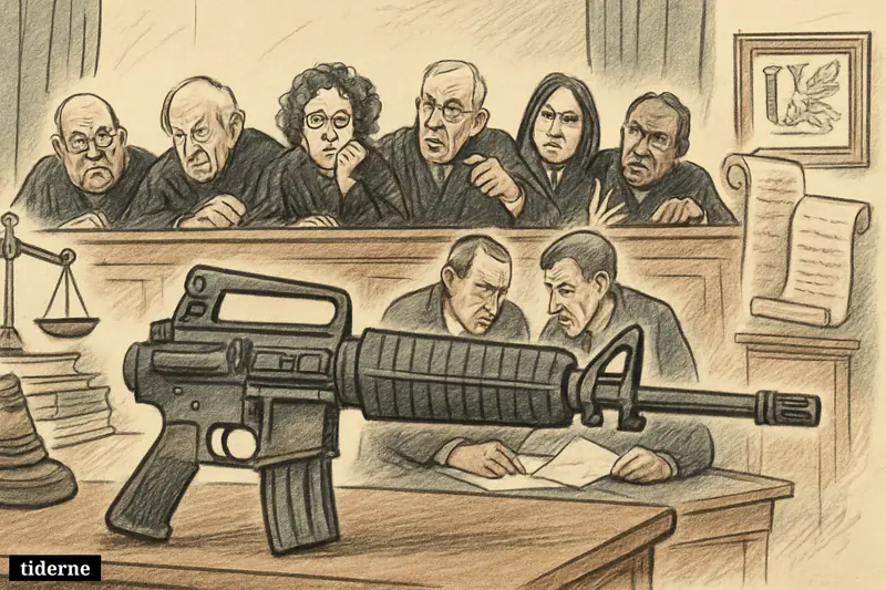 A courtroom caricature centers on an AR-15 before stern Supreme Court justices, surrounded by legal symbols tied to gun rights and regulation.