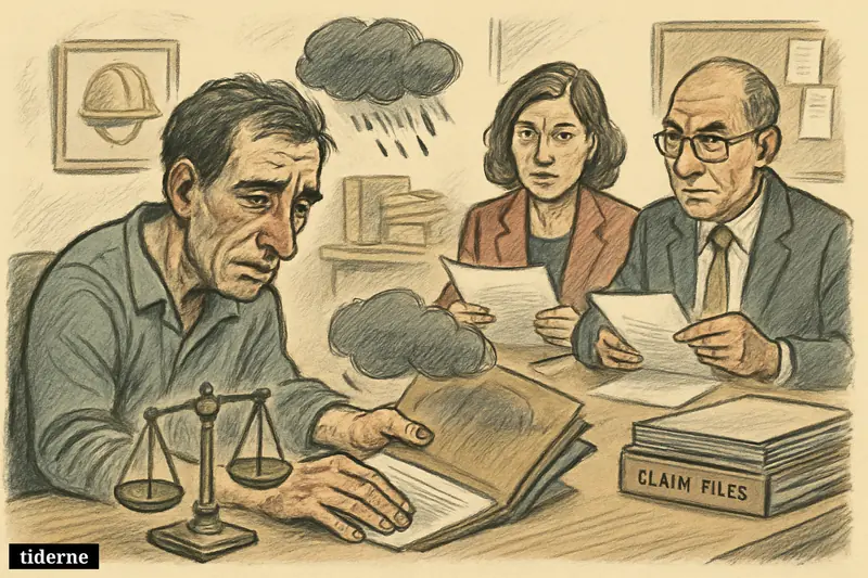 A tired worker reopens a compensation case folder across from officials reviewing documents in a claims office about psychological workplace injury.
