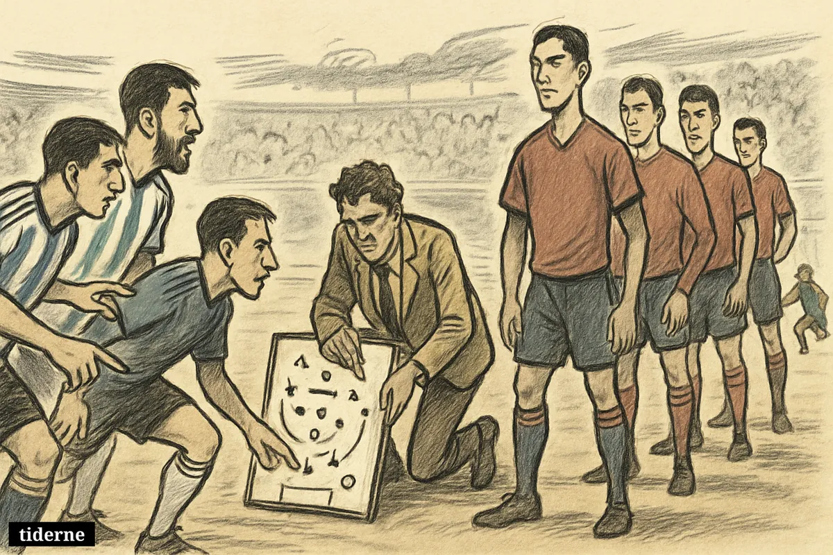Caricature football scene showing Argentina’s deep playmaker and runner challenging Spain’s high press before the World Cup final. (AI-genereret illustration)
