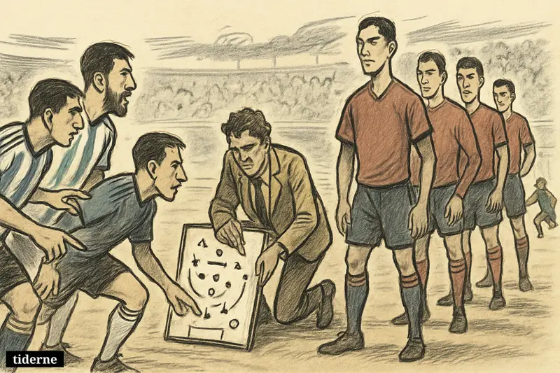 Caricature football scene showing Argentina’s deep playmaker and runner challenging Spain’s high press before the World Cup final. (AI-genereret illustration)