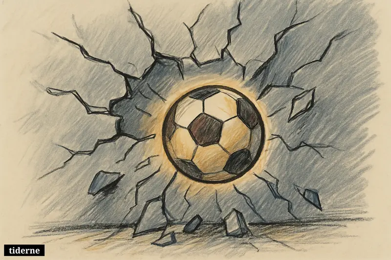 Glowing football bursting through a fractured silver barrier against a dark stadium-lit background (AI-genereret illustration)