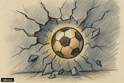 Glowing football bursting through a fractured silver barrier against a dark stadium-lit background (AI-genereret illustration)