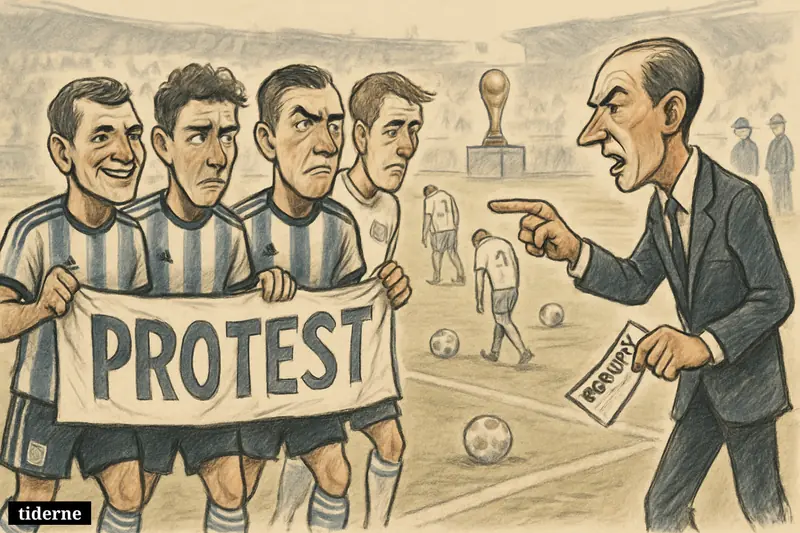 Argentina players celebrate with a political banner as a stern football official confronts them, while dejected England players walk away on the pitch. (AI-genereret illustration)