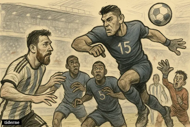 Messi crosses into the box as Romero rises for a dramatic extra-time header against Cape Verde in a crowded World Cup match.
