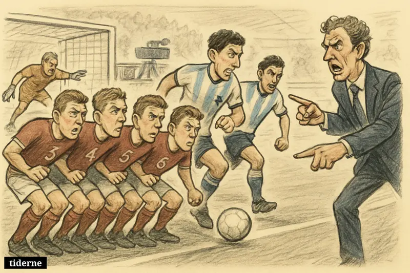 Caricature football scene with England retreating into a five-man defense as two Argentina attackers surge forward in a World Cup semifinal. (AI-genereret illustration)