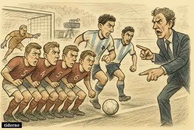 Caricature football scene with England retreating into a five-man defense as two Argentina attackers surge forward in a World Cup semifinal. (AI-genereret illustration)
