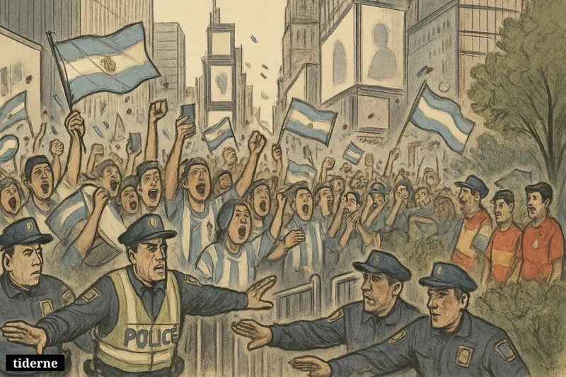 Crowded Times Square filled with cheering Argentine fans, security officers managing barriers, and a small group of uneasy Spanish supporters nearby. (AI-genereret illustration)