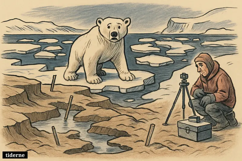 A caricature Arctic landscape with broken sea ice, thawing permafrost, a polar bear on a small floe, and a scientist measuring climate change.