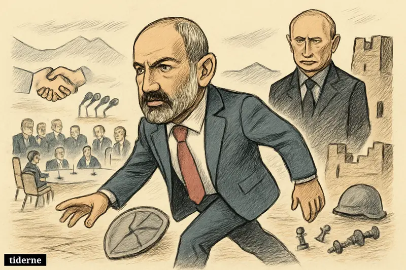 Caricature of Nikol Pashinyan moving toward European leaders while Vladimir Putin recedes behind him near broken war and security symbols.