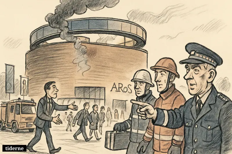 ARoS museum is evacuated as smoke rises near the roof while police, emergency crews, and visitors gather outside.
