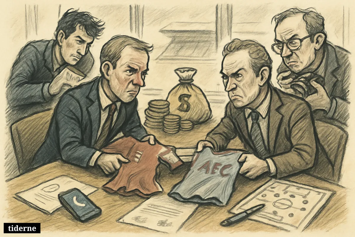 Football transfer room with Arsenal and Aston Villa symbols, journalists watching, and a huge pile of money between club props.