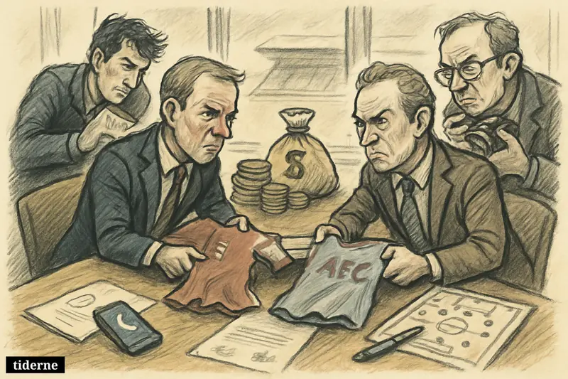 Football transfer room with Arsenal and Aston Villa symbols, journalists watching, and a huge pile of money between club props.