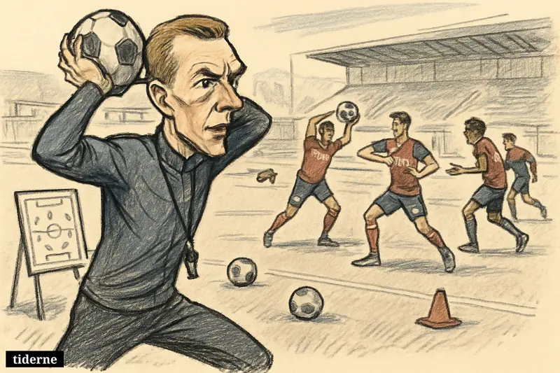 Caricature of Thomas Grønnemark coaching Arsenal players on a training pitch, demonstrating a throw-in while players rehearse quick movements.
