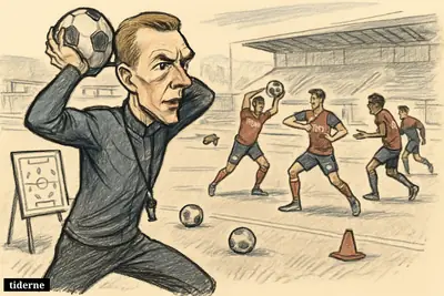Caricature of Thomas Grønnemark coaching Arsenal players on a training pitch, demonstrating a throw-in while players rehearse quick movements.
