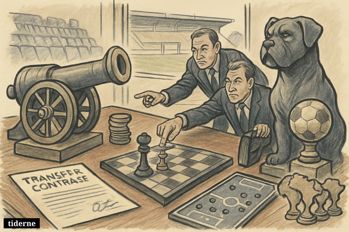A football boardroom scene with Arsenal and Lille symbols, transfer paperwork, chess pieces, and executives planning around a tournament clash.