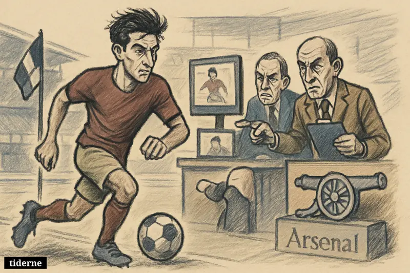 A football winger sprints down the left flank as media screens, scouts, and club symbols suggest a transfer from Brugge toward Arsenal. (AI-genereret illustration)