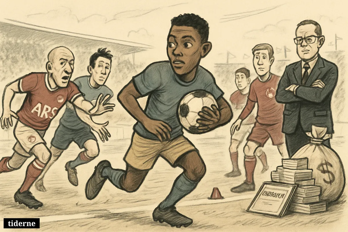 A caricature football transfer chase with Nathaniel Brown sprinting ahead as Arsenal-inspired and Bayern-inspired rivals pursue him near a stern Frankfurt official.