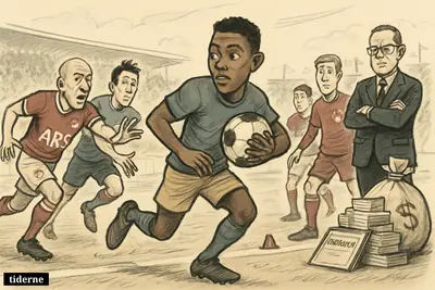 A caricature football transfer chase with Nathaniel Brown sprinting ahead as Arsenal-inspired and Bayern-inspired rivals pursue him near a stern Frankfurt official.