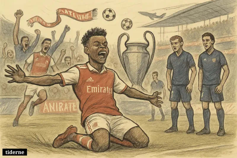 Arsenal players celebrate wildly in a stadium after a winning goal while Atlético players look deflated, with a trophy symbol and Emirates motifs nearby.