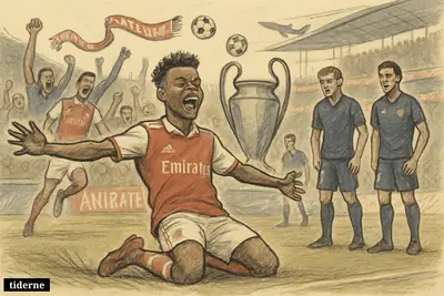 Arsenal players celebrate wildly in a stadium after a winning goal while Atlético players look deflated, with a trophy symbol and Emirates motifs nearby.