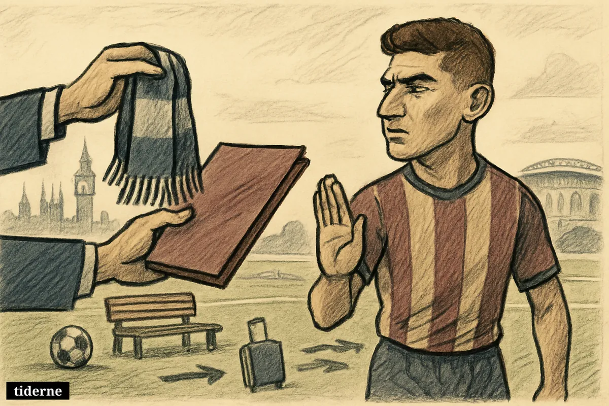 A football caricature shows Julián Álvarez turning away from an offered contract as London and Madrid stadium clues frame a stalled transfer.