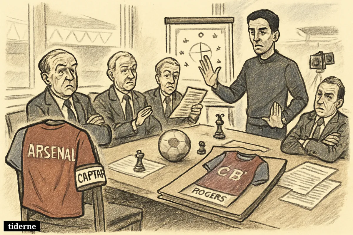 A football boardroom scene shows Arsenal symbols staying, a rumored Aston Villa move set aside, and a calm coach dismissing transfer gossip.